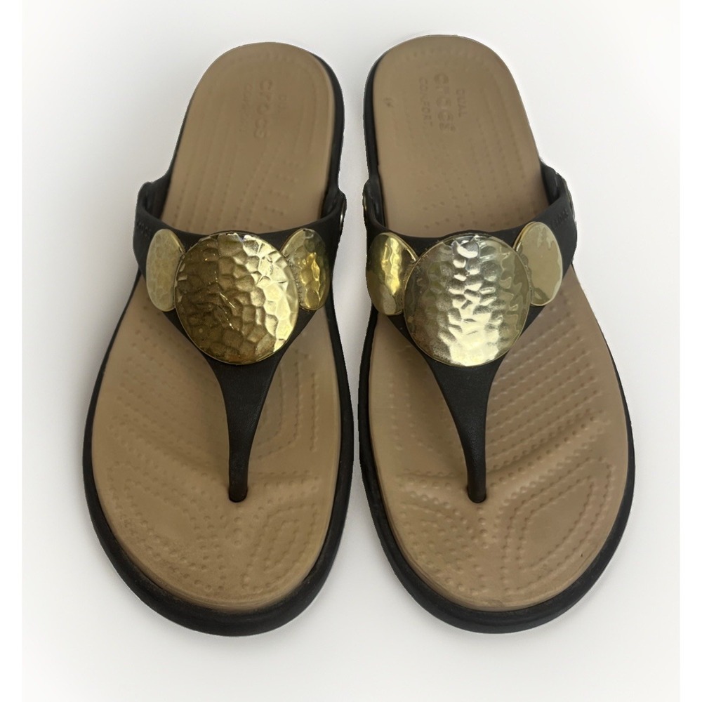 Crocs Sanrah Hammered Circle Wedge Sandals Espresso Tan Gold Women 8